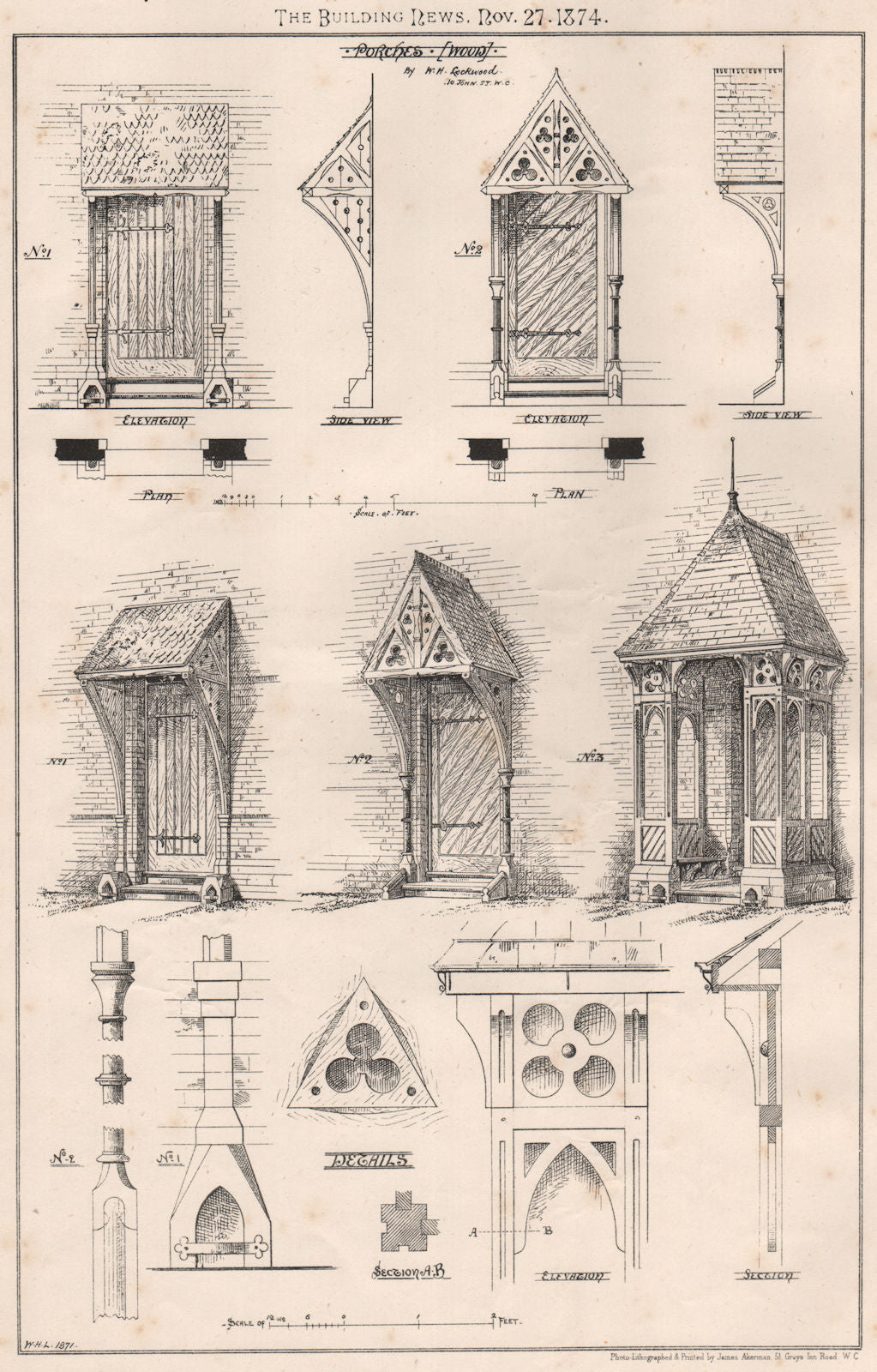 Porches (Wood); by W.H. Lockwood, 10 John St. W.C.. London 1874 old print